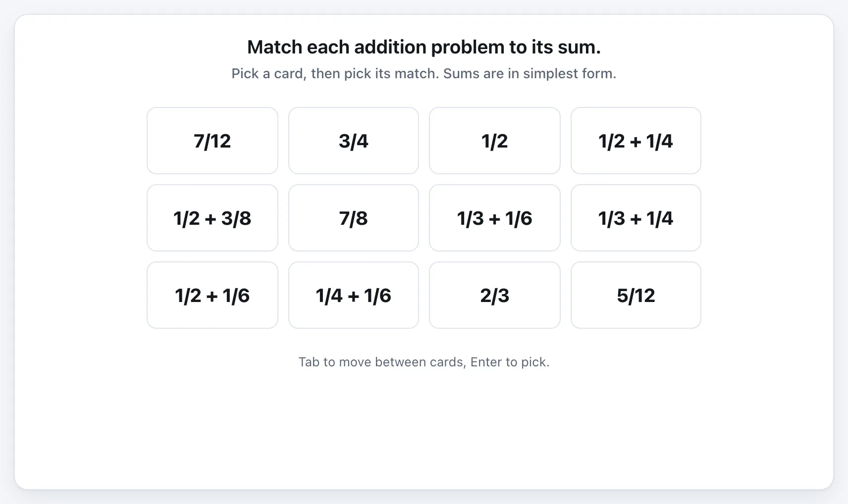Add Fractions, Unlike Denominators gameplay