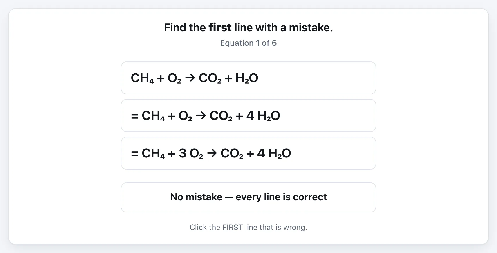 Balancing Equations: Spot the Mistake gameplay