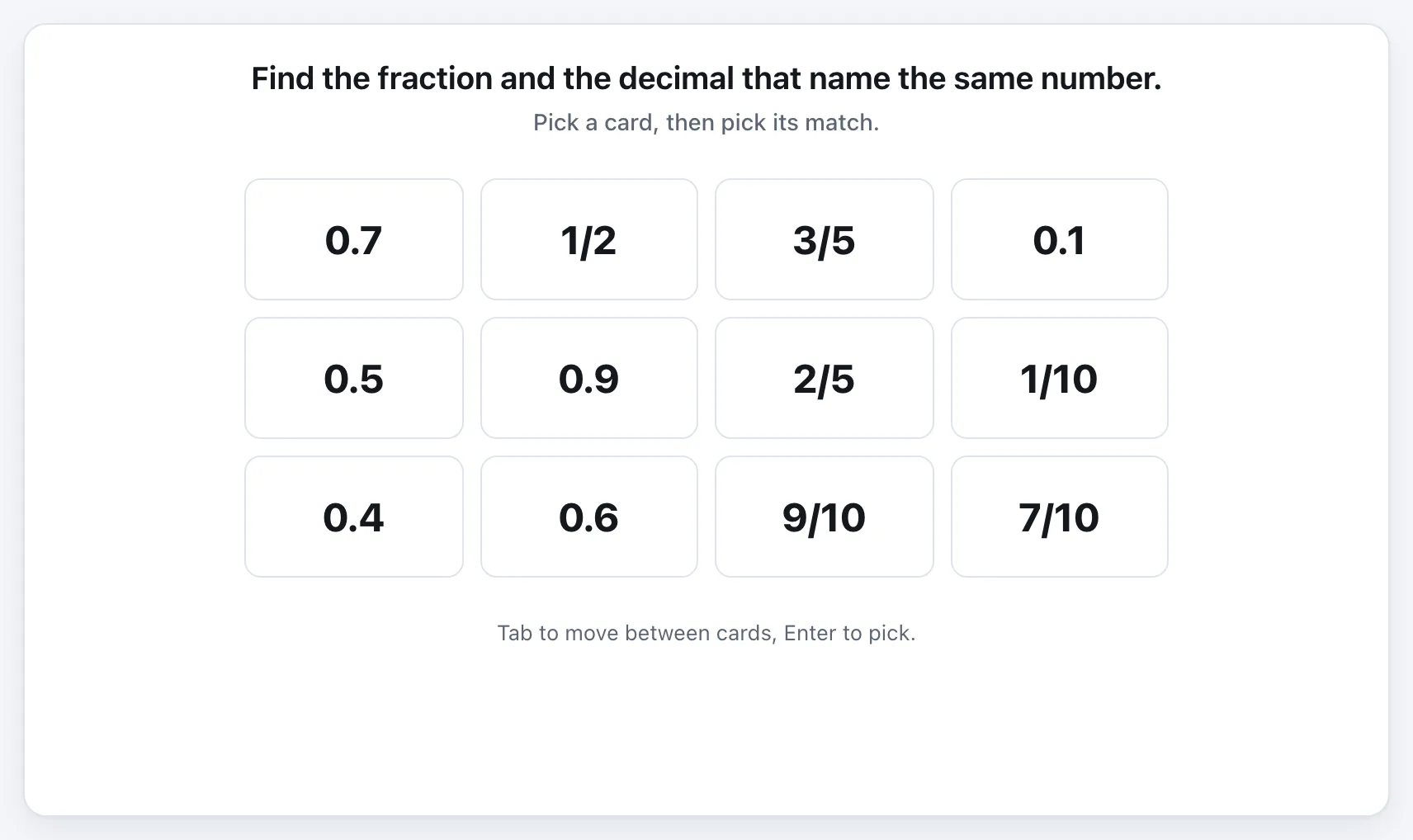 Fractions & Decimals Match gameplay