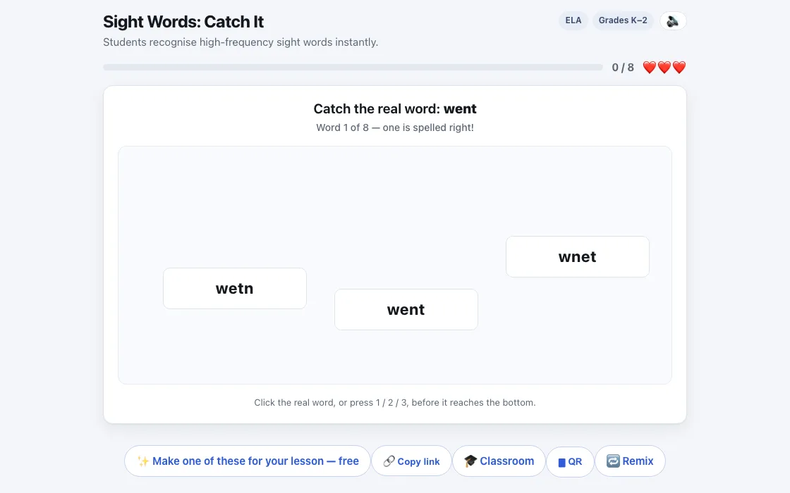 Sight Words Catch gameplay