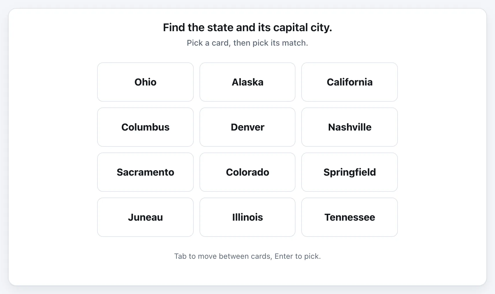 States and Capitals gameplay