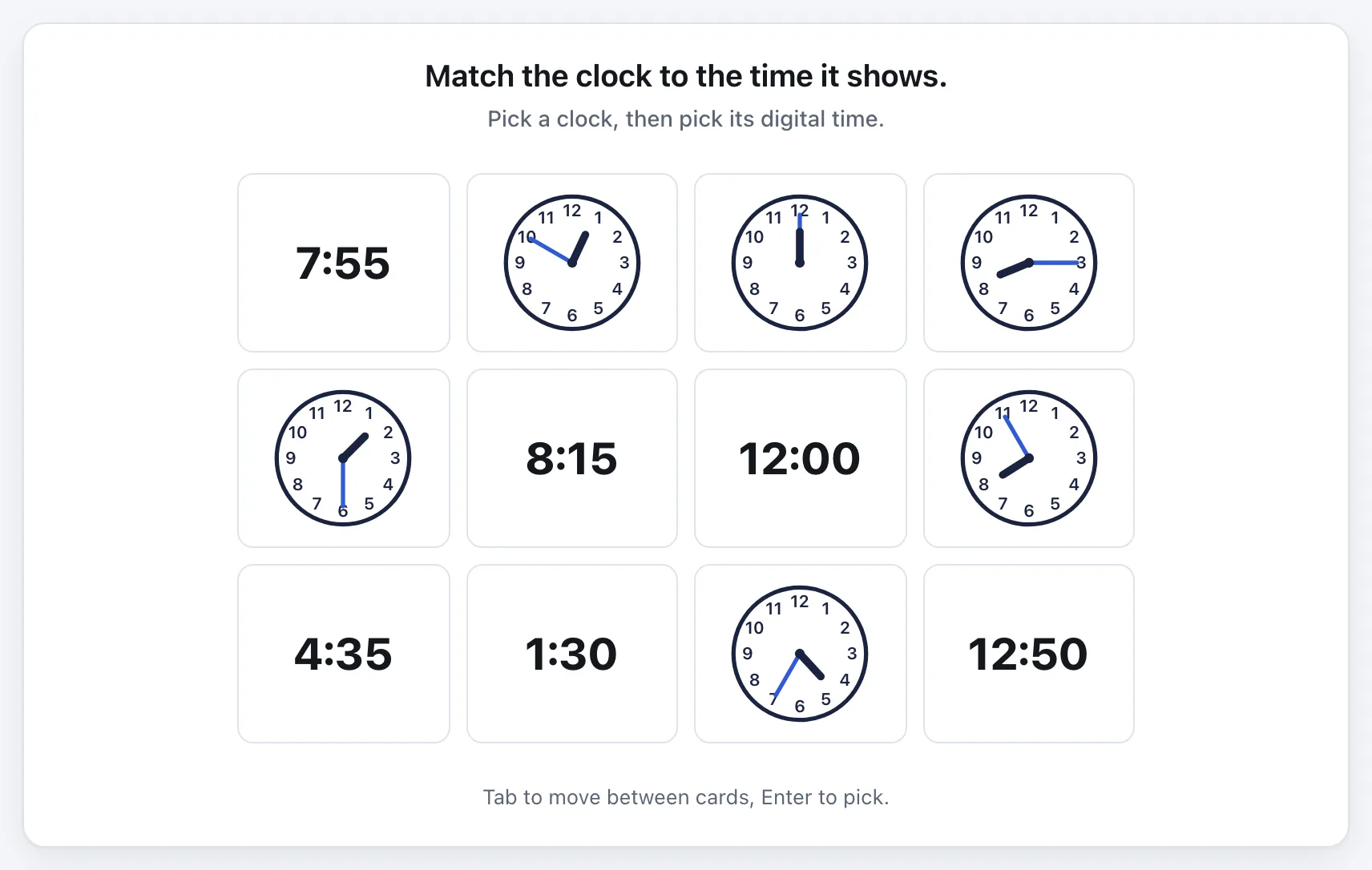 Telling Time Match gameplay